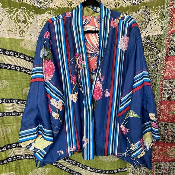 NWT Johnny Was Blue Floral Kygo Nana Silk Reversible Kimono Size 1X - Picture 3 of 16